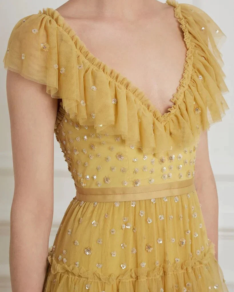 Yellow fashion unique ruffled V neck long floor length tulle ball gown evening dress gh2786