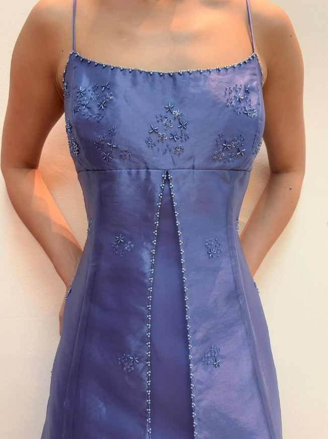 Stunning A Line Spaghetti Strap Beaded Purple Tulle Satin Prom Dress Evening Dress SH2223
