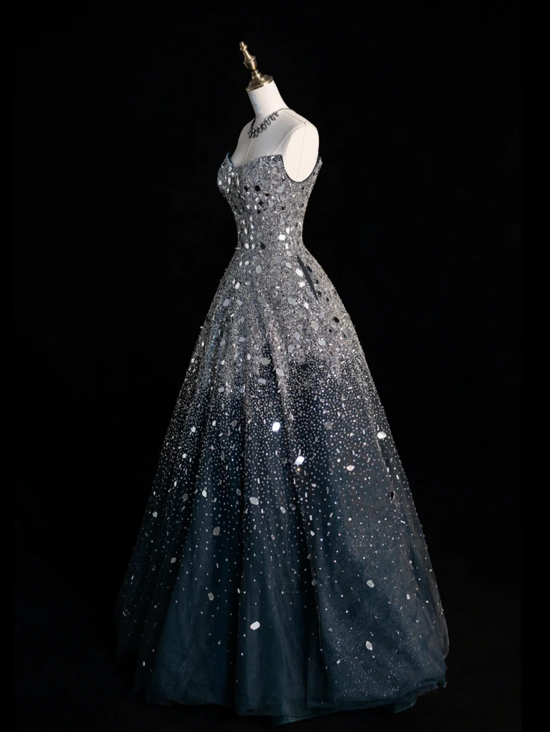 Gorgeous A Line Sweetheart Neck Beaded Sequin Black Tulle Long Prom Dress Evening Dress SH2559