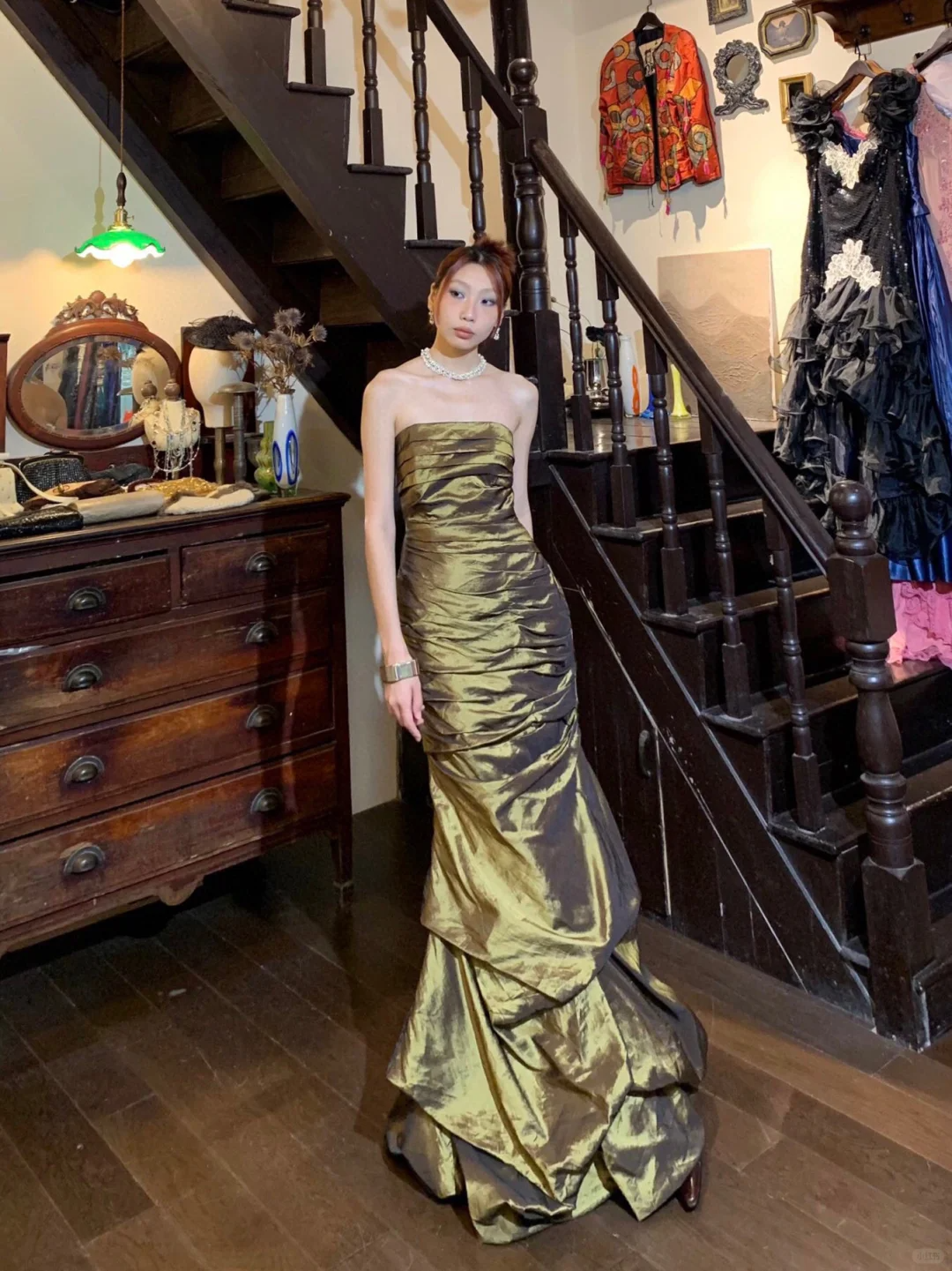 Vintage Mermaid Strapless Pleated Green Satin Prom Dress Evening Dress SH3083