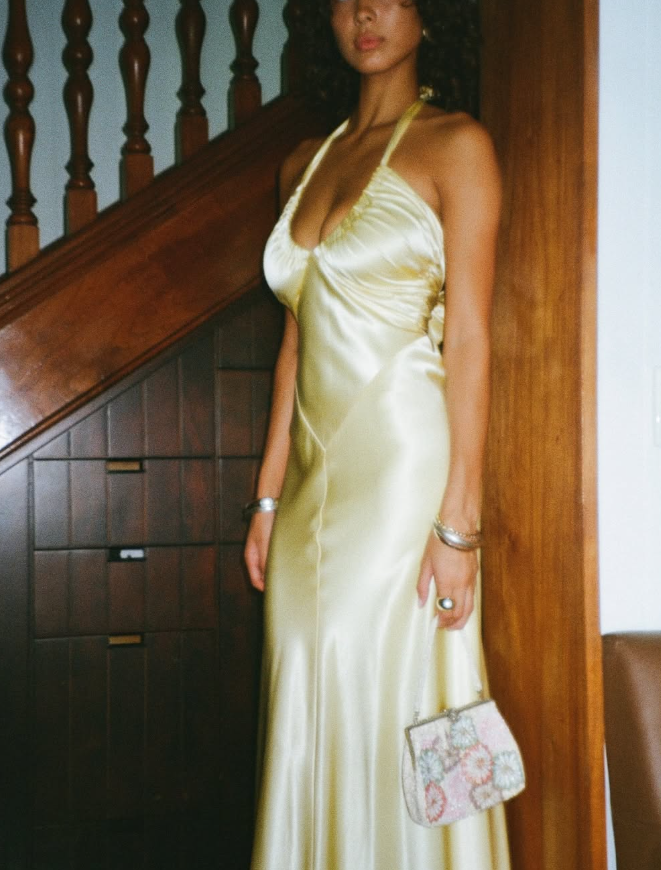 Elegant A Line Halter Yellow Bow Satin Open Back Prom Dress Graduation Prom Dress SH2589