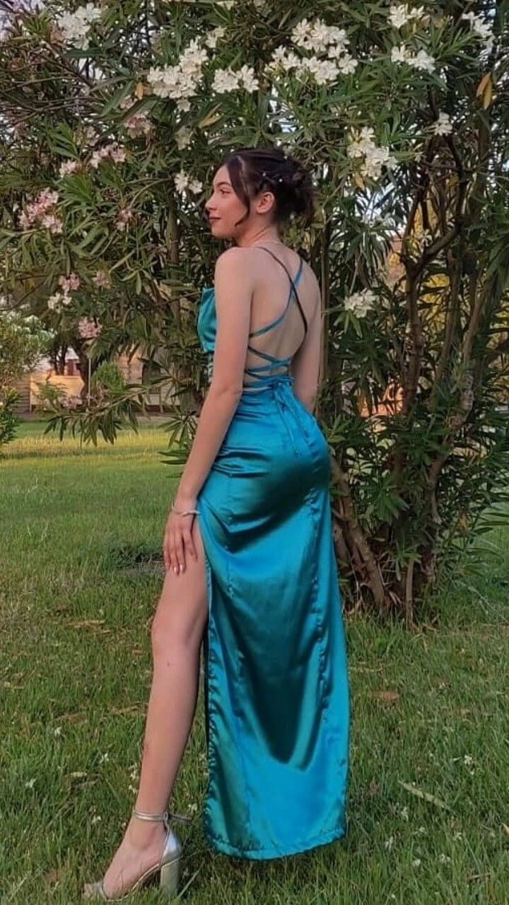 Simple Long Backless High Slit Prom Dress Wedding Guest Dress SH1163