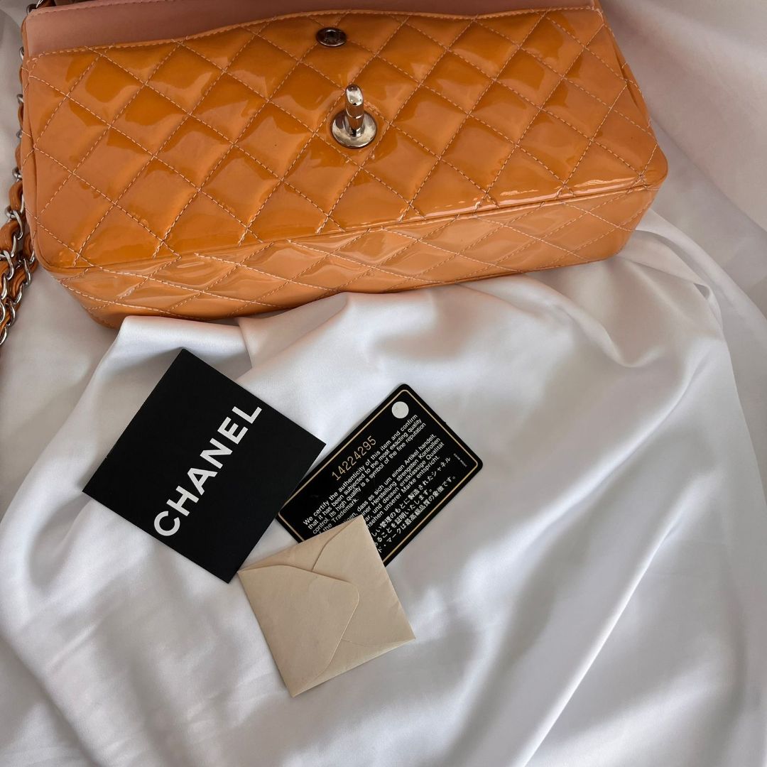 Chanel Gold/Orange Quilted Patent Leather Classic Double Flap Bag