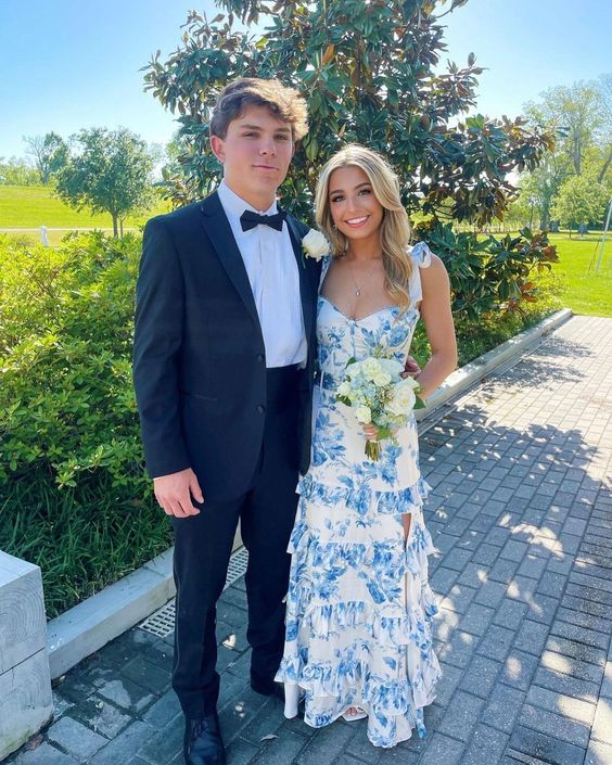Blue floral elegant long formal evening gown sleeveless slit dress party dress gh3010