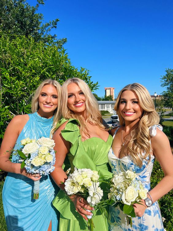 Blue floral elegant long formal evening gown sleeveless slit dress party dress gh3010