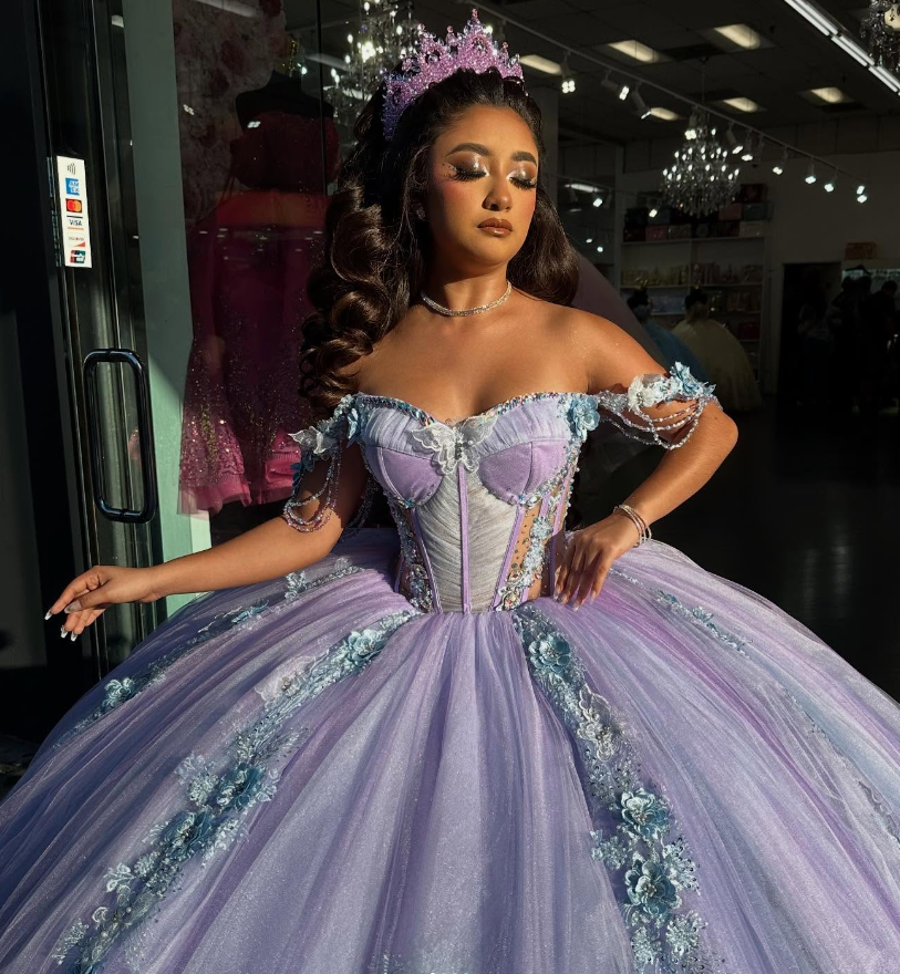 Purple Off the Shoulder Corset Appliques Tulle Ball Gown Sweet 16 Dress Quinceanera Dress SH2122