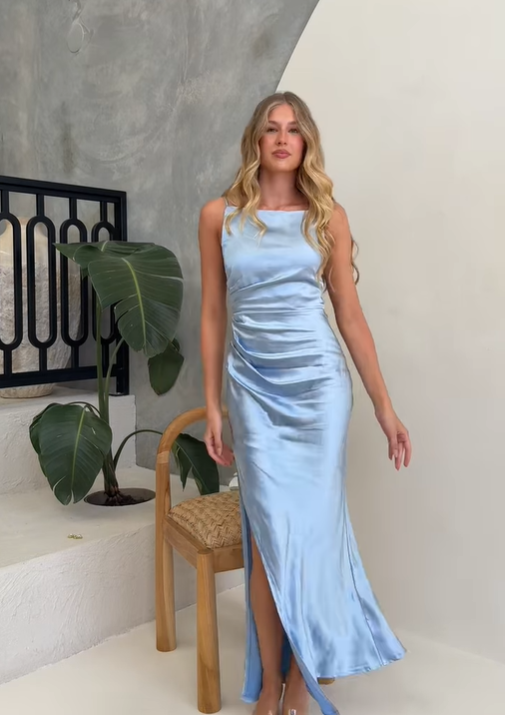 Gentle Sheath Strap Blue Satin Evening Dress Bridesmaid Dress with Slit SH2698