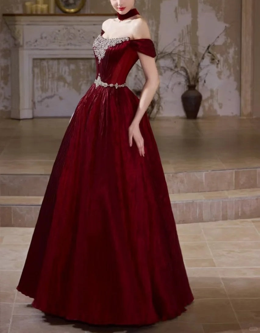 Burgundy Retro Elegant Rhinestone Beaded Long Velvet Ball Gown Evening Dress gh5073