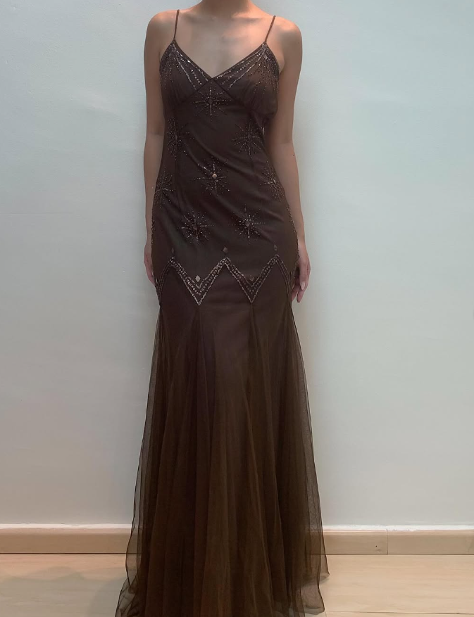 Vintage Mermaid Spaghetti Strap Sequins Brown Chiffon Prom Dress Evening Dress SH2185