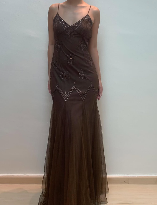 Vintage Mermaid Spaghetti Strap Sequins Brown Chiffon Prom Dress Evening Dress SH2185