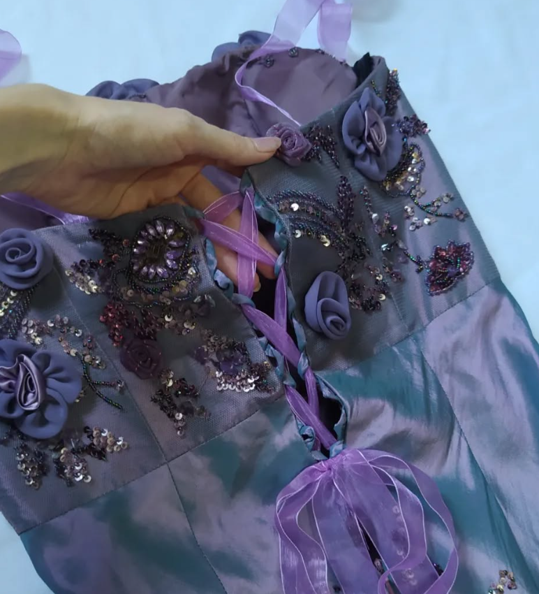 Vintage Purple A Line Strapless Flower Beaded Sequin Satin Tulle Prom Dress Gown SH2528