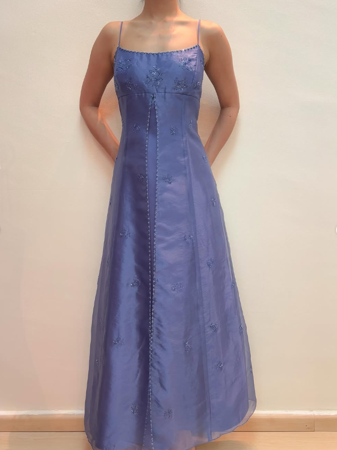 Stunning A Line Spaghetti Strap Beaded Purple Tulle Satin Prom Dress Evening Dress SH2223