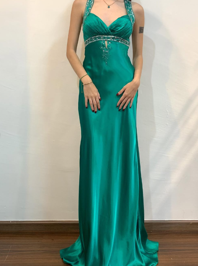 Vintage Sheath V Neck Sequin Beaded Green Satin Open Back Prom Dress Evening Dress SH2128