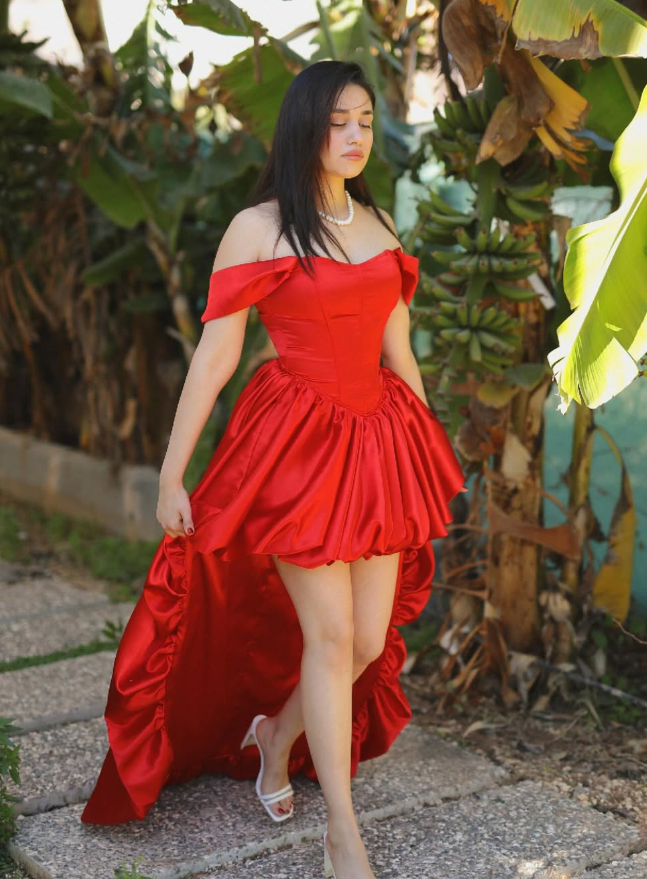 Sexy A Line Off the Shoulder Corset Red Satin Long Short Prom Dress Evening Dress SH2100