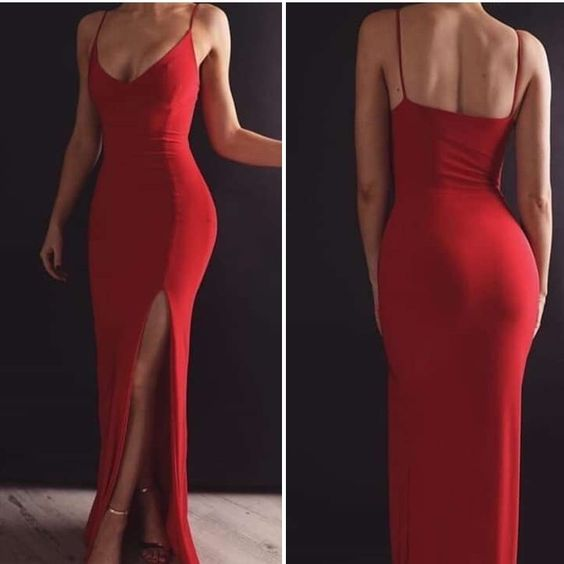 Straps Red Sheath V Neck Prom Dress Party Evening Dress SH1314