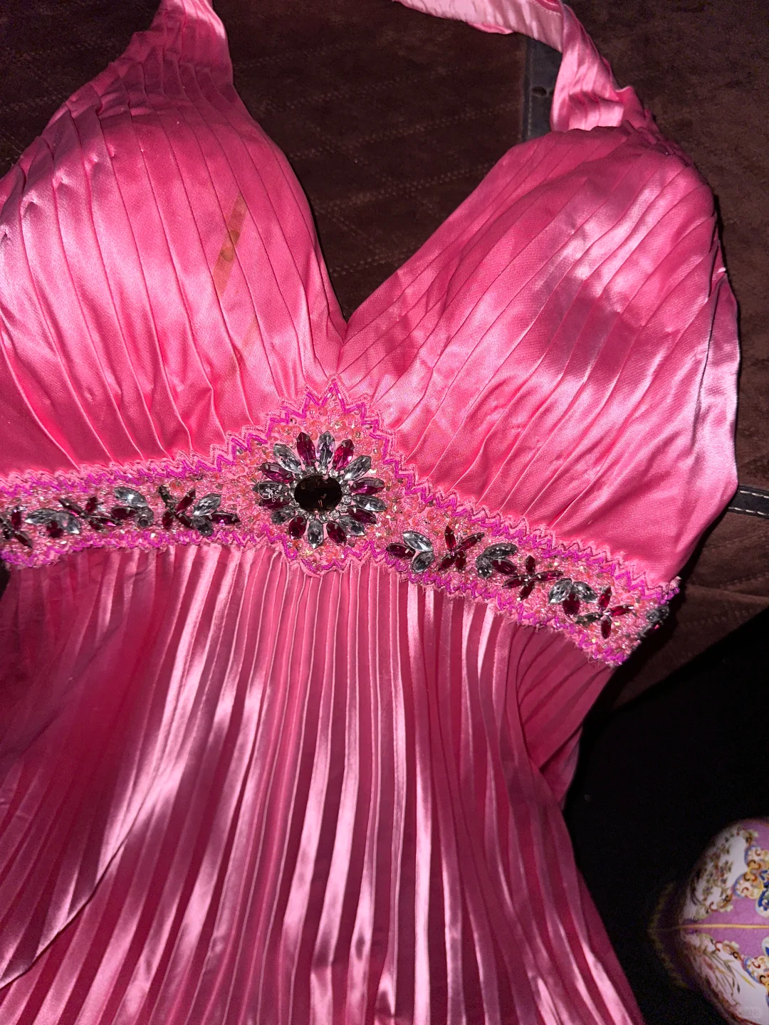 Barbie Pink A Line Halter Beaded Pleated Satin Open Back Prom Dress Evening Dress SH3182