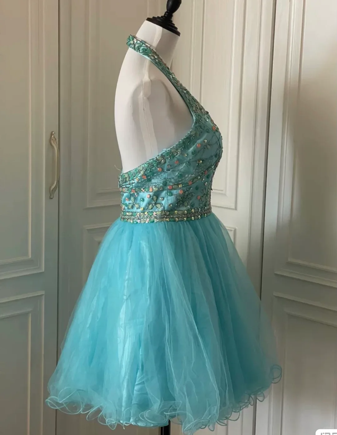 Vintage Blue Tulle Beaded Sleeveless A Line Birthday Dress Homecoming Dress S541