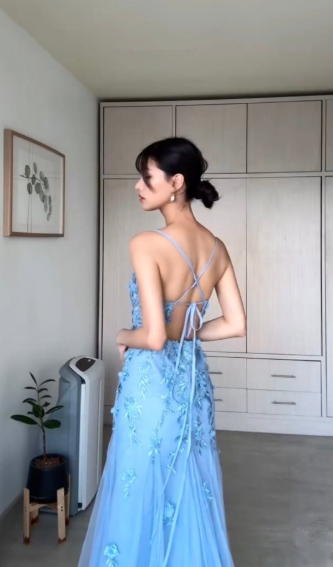 Classy Blue Tulle Appliques Mermaid Evening Dress Long Open Back