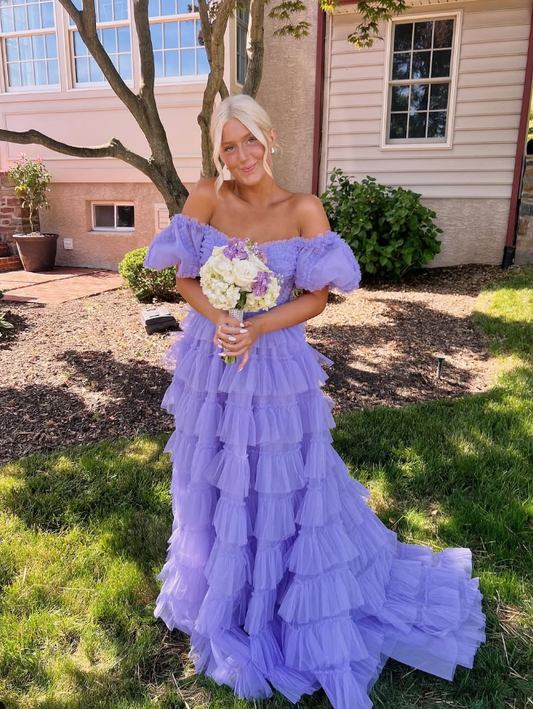 Stunning A Line Off the Shoulder Corset Tiered Purple Tulle Prom Dress Evening Dress SH2319
