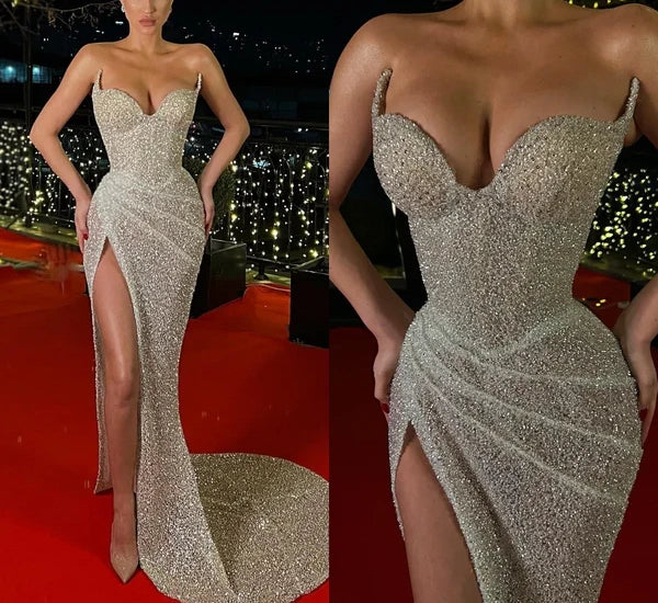 Silver shiny elegant gorgeous exquisite long sequined floor-length prom dress evening dress gh3634