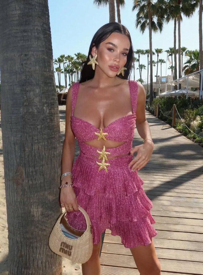 Shiny A Line Straps Tiered Hot Pink Sequin Short Homecoming Dress Outfits SH2281