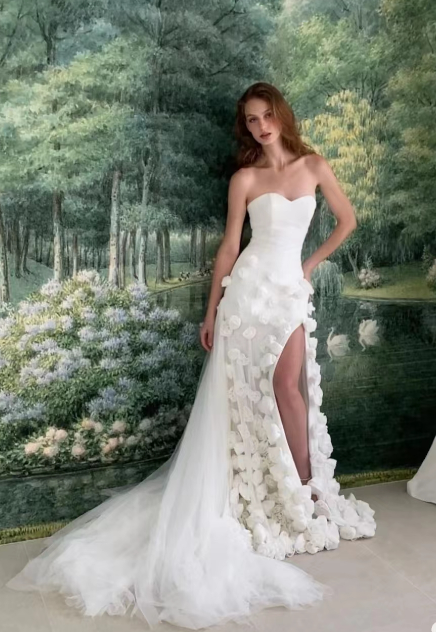 Charming Pink Strapless High Slit Flower Prom Dress SH717