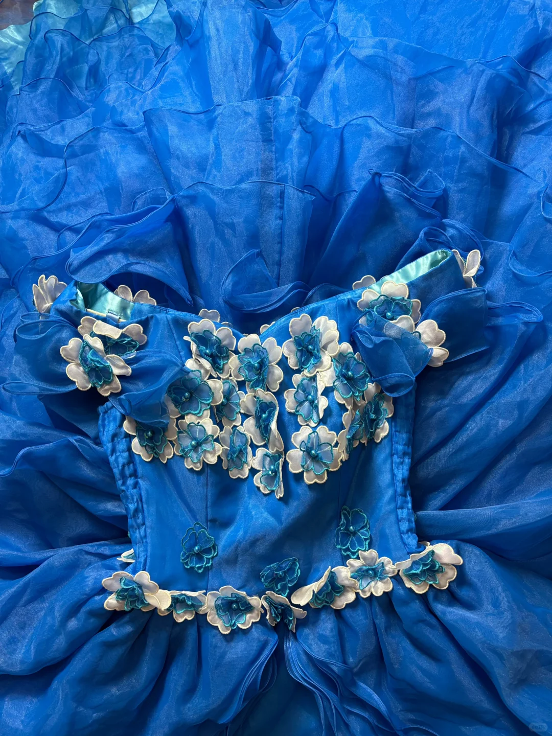 Royal Blue Ball Gown Off the Shoulder Floral Layered Organza Long Prom Dress Evening Dress SH3701