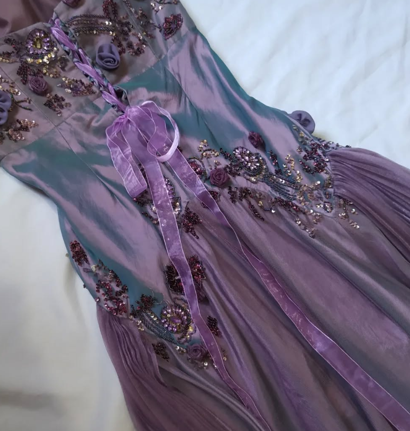 Vintage Purple A Line Strapless Flower Beaded Sequin Satin Tulle Prom Dress Gown SH2528