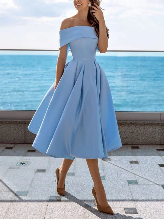 Satin Tea-Length Prom Gown with Off-the-shoulder