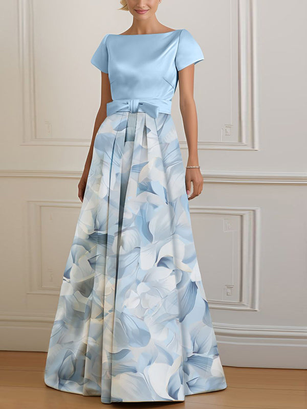 Light Blue Round Neck Short Sleeves With Print Maxi Dress