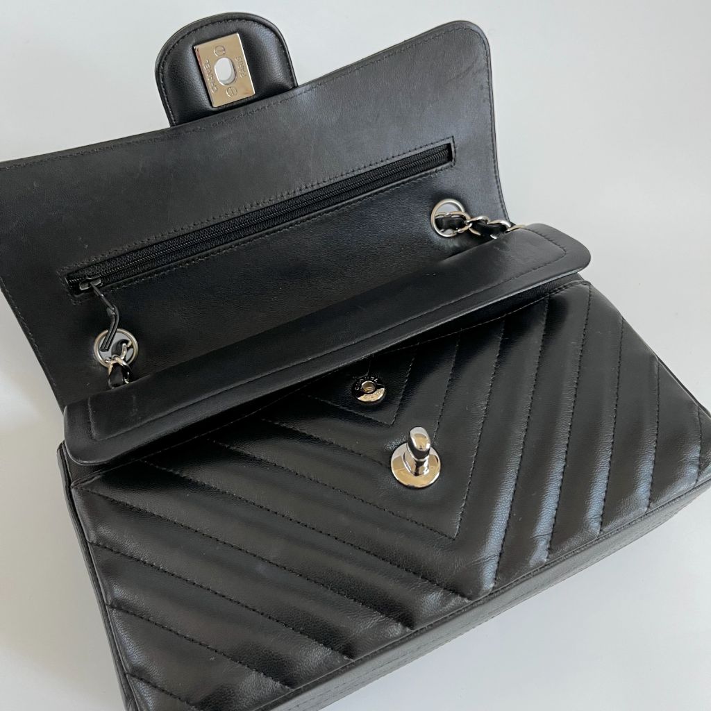 Chanel black chevron quilted leather double flap bag