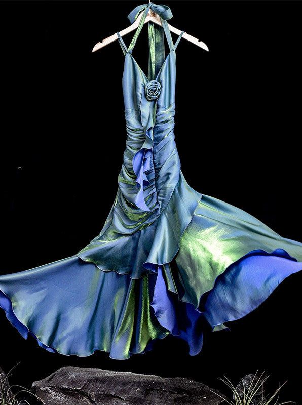 Vintage Mermaid Spaghetti Straps Ruffle Ice Blue Satin Long Length Prom Dress Evening Dress SH3096