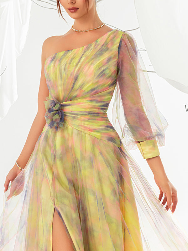 One-shoulder Sleeve Elegant Tie-dye Women's Dress