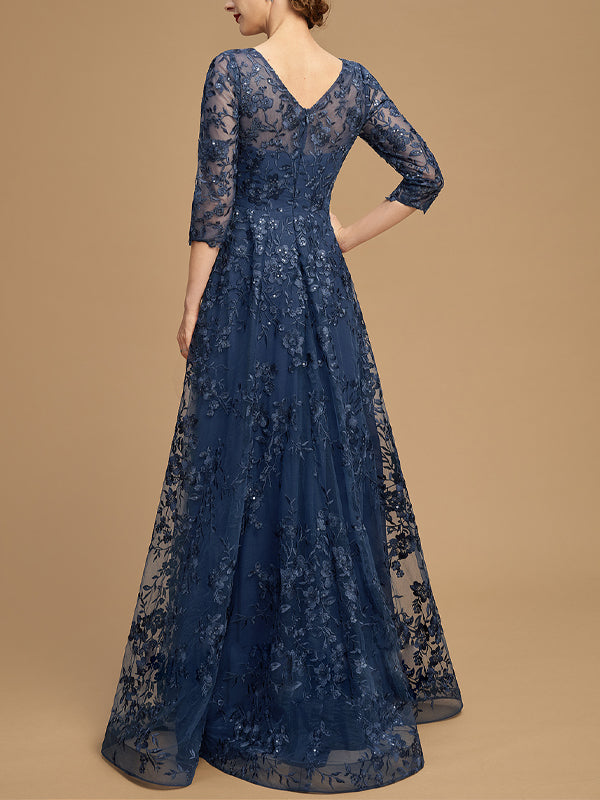 Round Neck Lace Long Sleeve Solid Color Maxi Dress