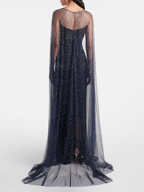 Round Neck Mesh Solid Color Maxi Dress