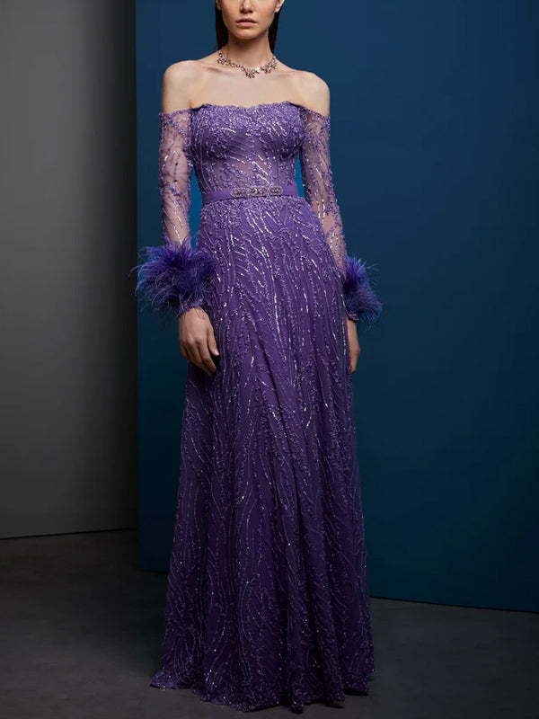 Off-The-Shoulder Sequined Feathers Maxi Dress