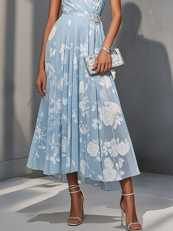 Floral Ruched Classic One Shoulder Sleeveless A-Line Midi Dress