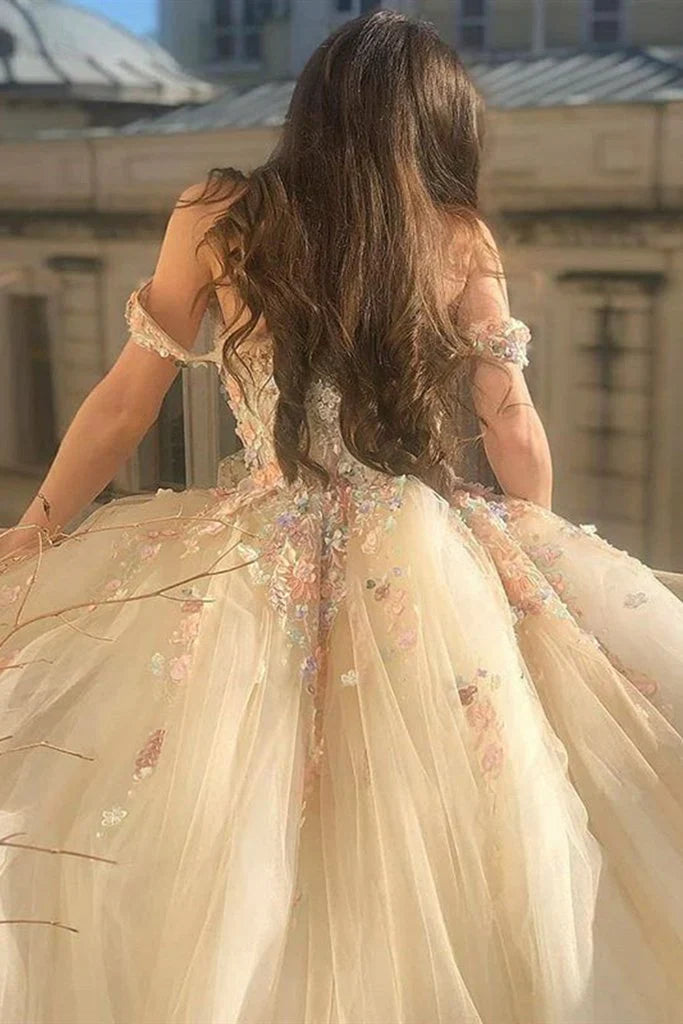 Champagne color gorgeous off shoulder exquisite lace floral applique long elegant ball gown formal evening dress prom dress gh3452