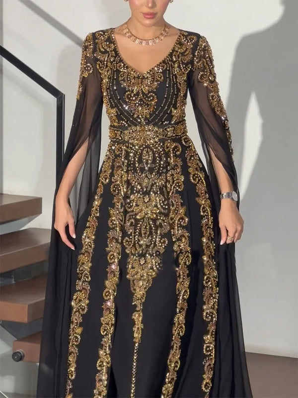 V-neck Sequined Mesh Solid Color Maxi Dress