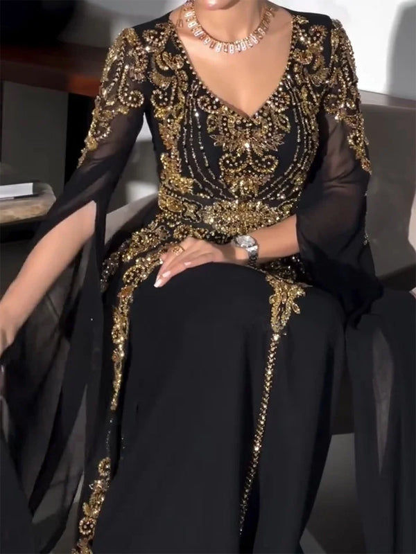 V-neck Sequined Mesh Solid Color Maxi Dress