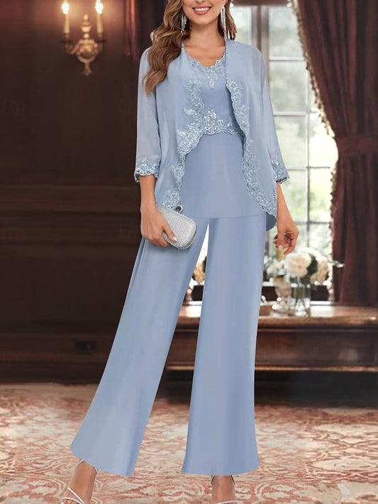 Pantsuit Mother of the Bride Dress Elegant Simple Scoop Neck Floor Length Polyester Long Sleeve with Solid Color