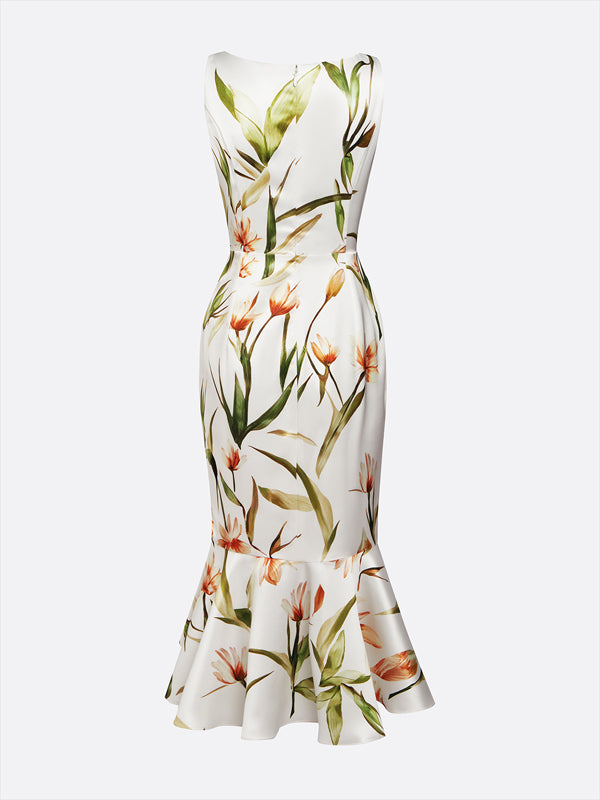 Off White Printing Asymmetric Satin V Neck Sleeveless Mermaid Midi Dress