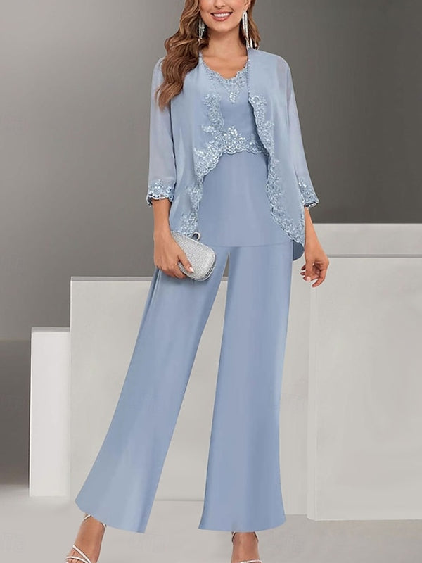 Pantsuit Mother of the Bride Dress Elegant Simple Scoop Neck Floor Length Polyester Long Sleeve with Solid Color