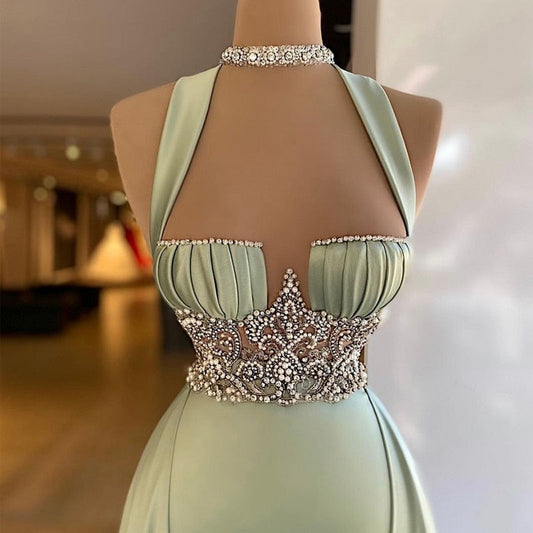 loveedsTM- Arabic Green Mermaid Evening Dress Elegant Sleeveless Halter Neck Soft Satin Beading Prom Dresses Long Party Gown