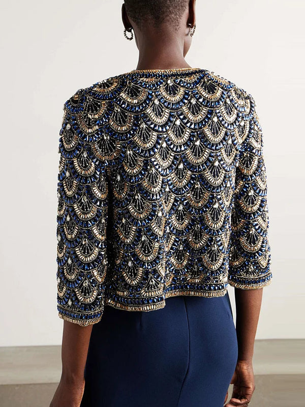 Crystal-Embellished Tulle Jacket and Crepe Gown Two-Piece Set