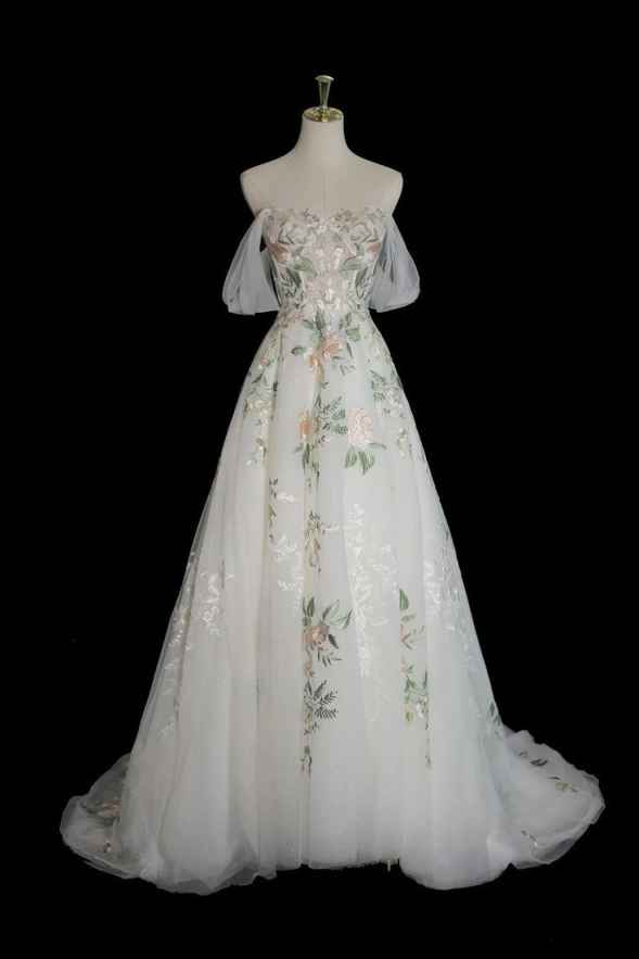 White exquisite floral fashion short sleeve long tulle floor length ball gown, evening dress, party dress gh3524
