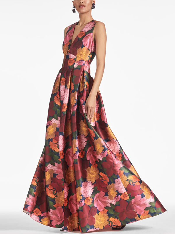 V-neck Sleeveless Printed Maxi Dress
