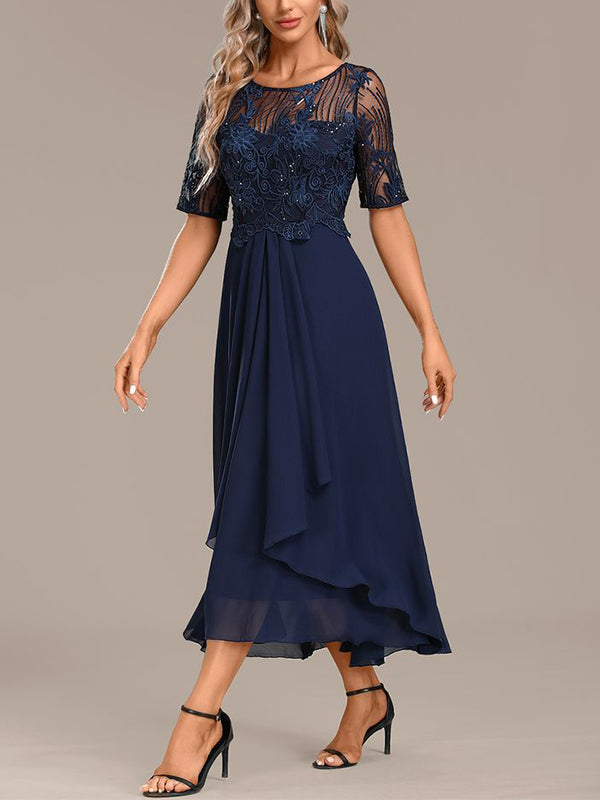 Round Neck Solid Color Lace Midi Dress