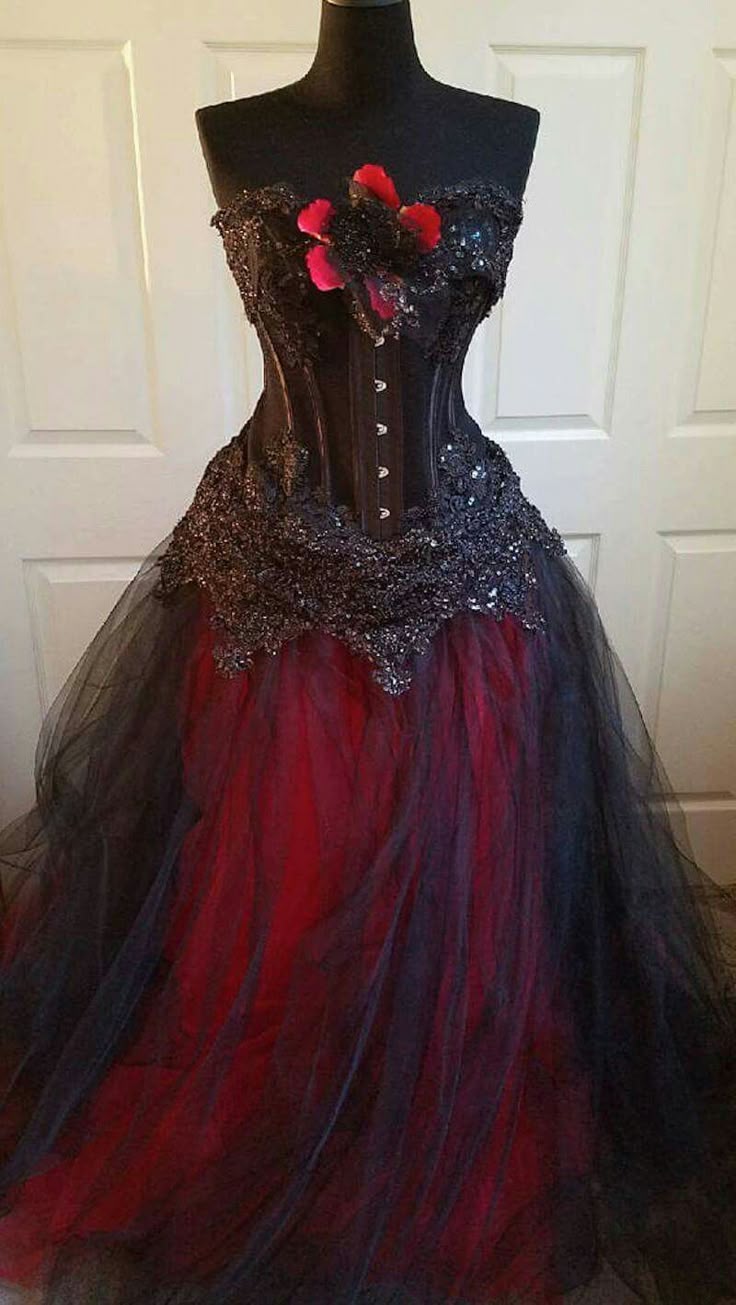 Black Red Floral Vintage Long Tulle Ball Gown Evening Dress gh4323