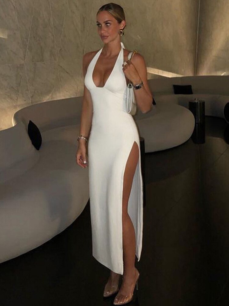 loveedsTM- Sleeveless Halter Backless Bodycon Slit Prom Maxi Dress Women Elegant Birthday Party Nightclub Evening Vacation Long Dresses